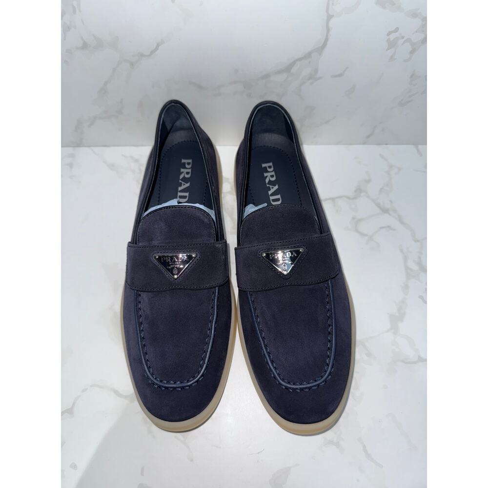 Prada Triangle Logo Suede Loafers Navy Blue 37.5